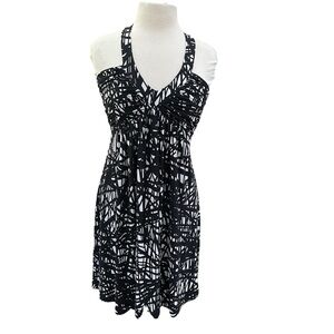Calvin Klein Dress Black White Abstract Sleeveless V Neck Ruched Empire Waist Sm